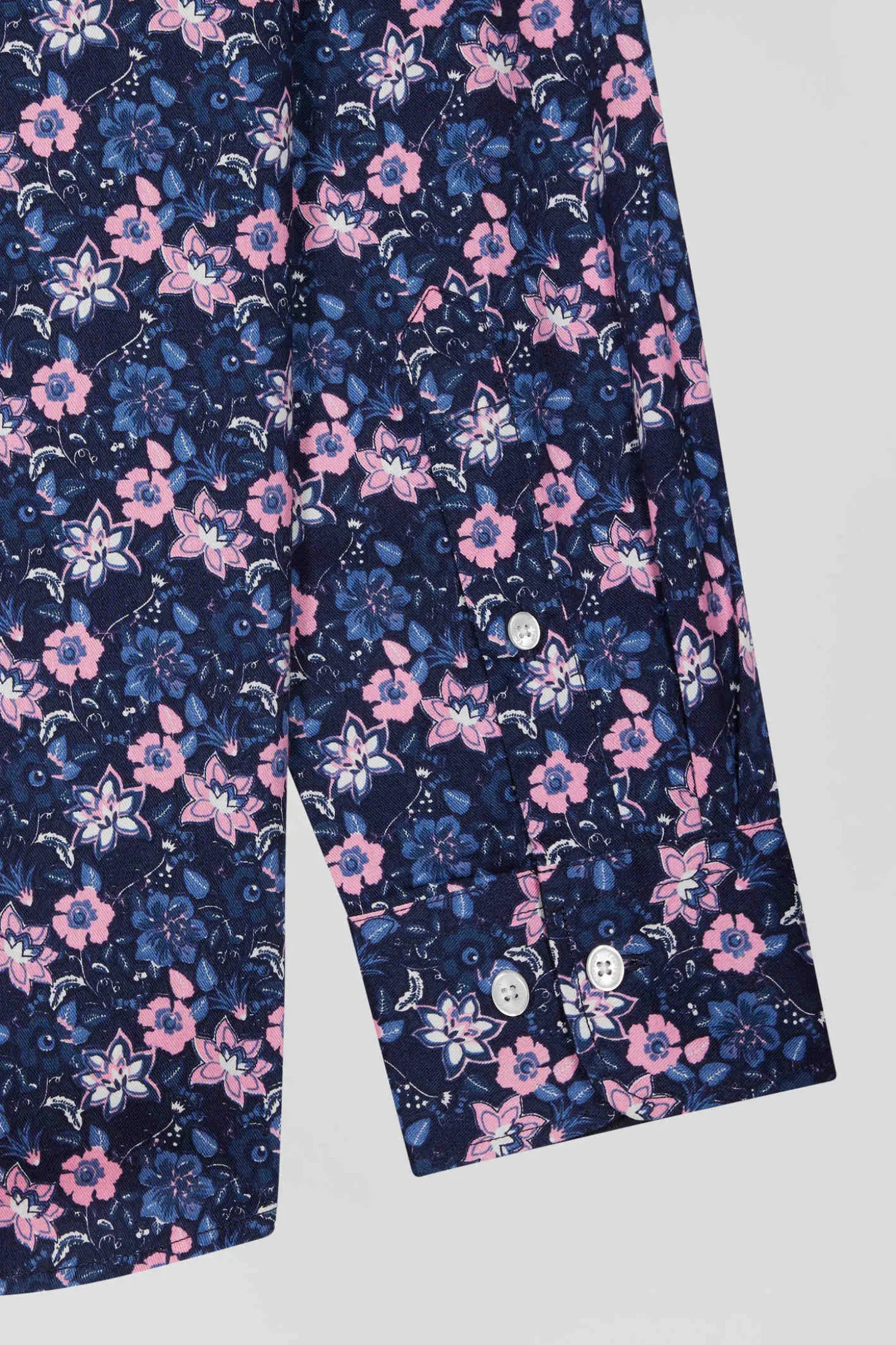 Regular navy blue cotton twill shirt with micro floral print