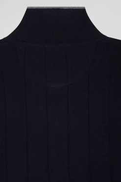 Regular navy blue cotton and cashmere jumper with rugby shirt collar