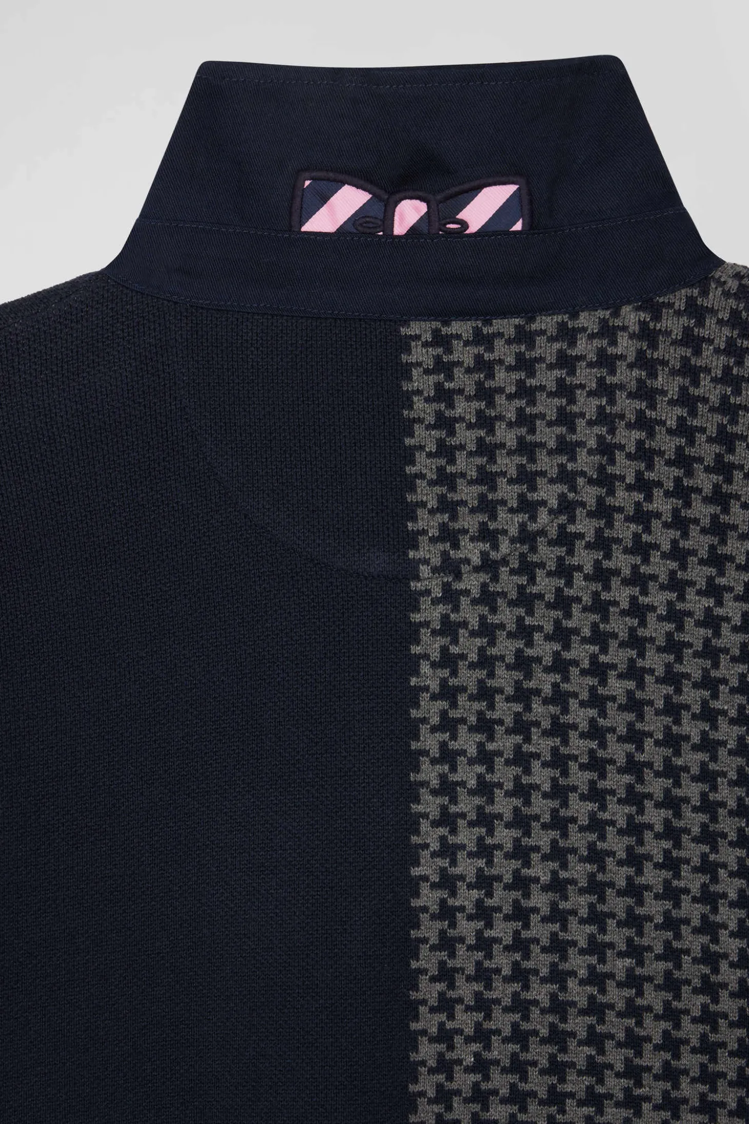 Regular navy blue cotton jumper with houndstooth jacquard and rugby shirt collar