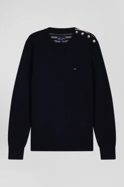 Regular navy blue crew neck jumper with shoulder buttons