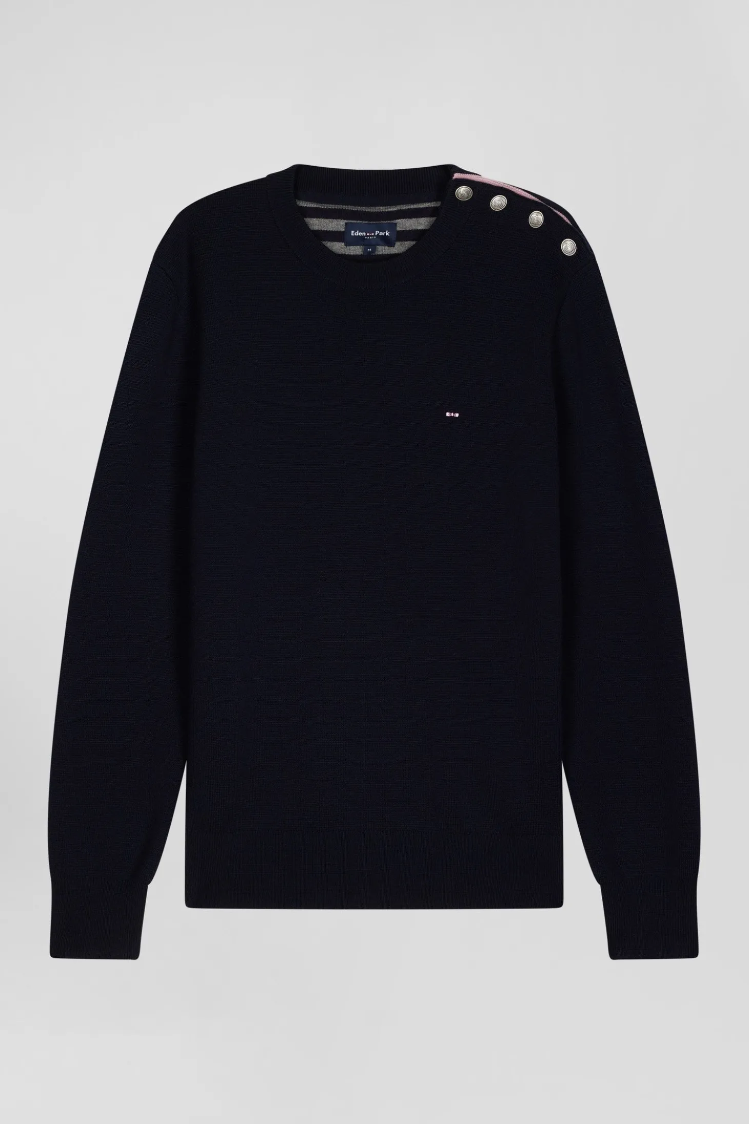 Regular navy blue crew neck jumper with shoulder buttons