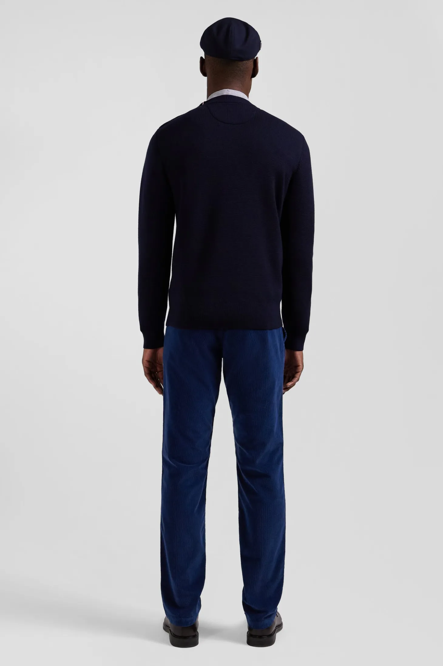 Regular navy blue crew neck jumper with shoulder buttons