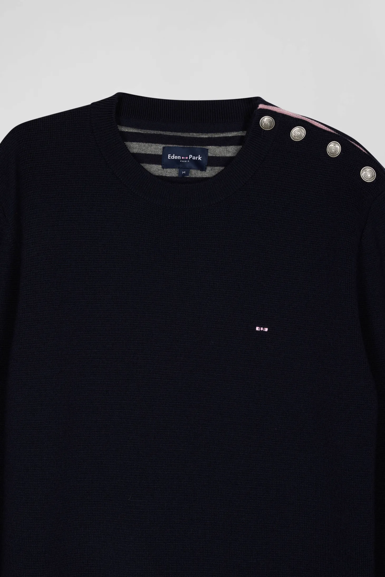 Regular navy blue crew neck jumper with shoulder buttons