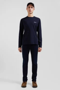 Regular navy blue embroidered long-sleeved cotton T-shirt
