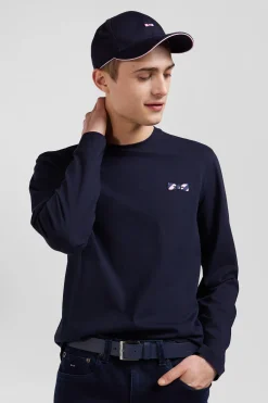 Regular navy blue embroidered long-sleeved cotton T-shirt