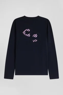 Regular navy blue embroidered long-sleeved cotton T-shirt