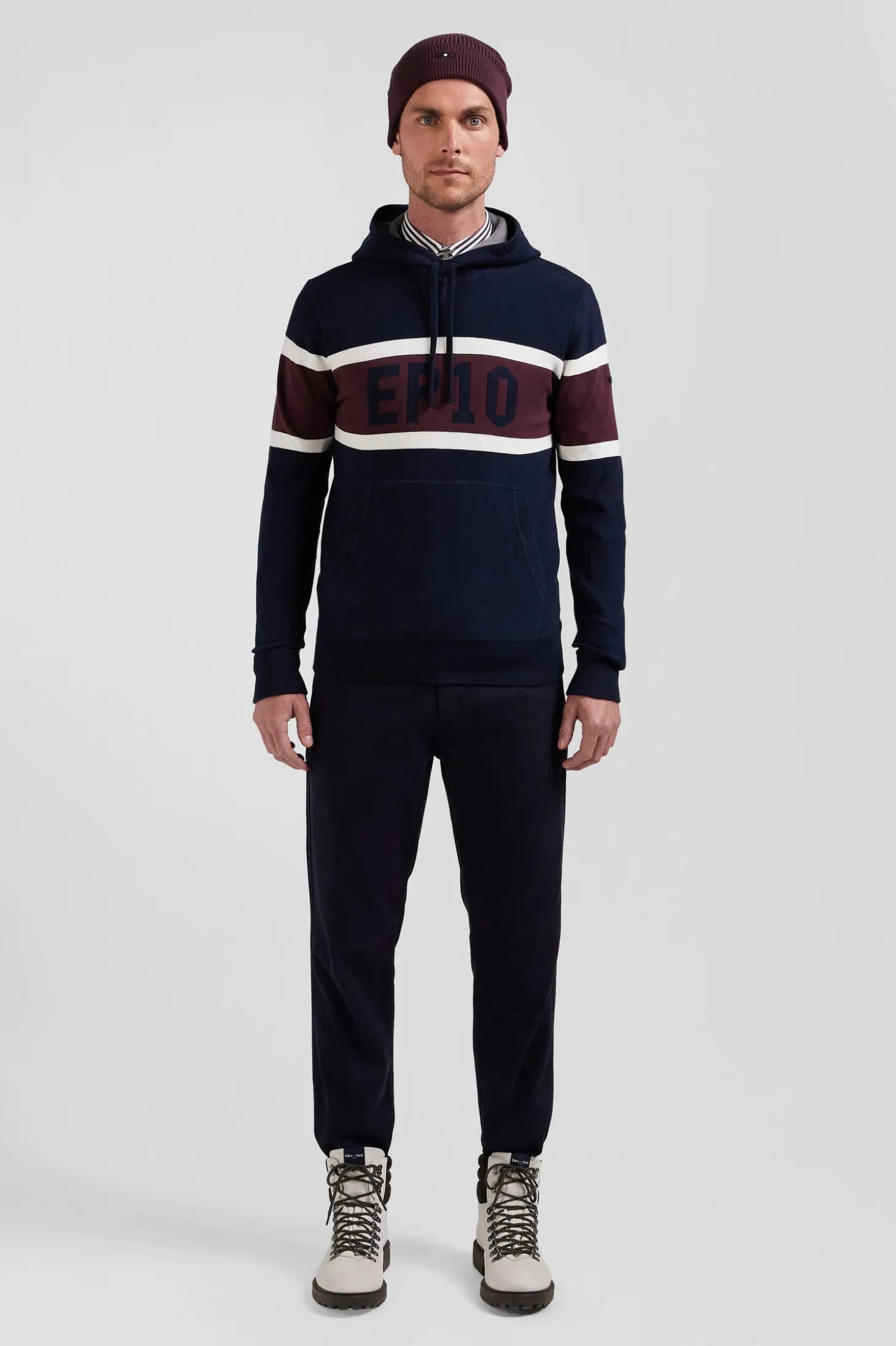 Regular navy blue hooded jumper with EP10 jacquard