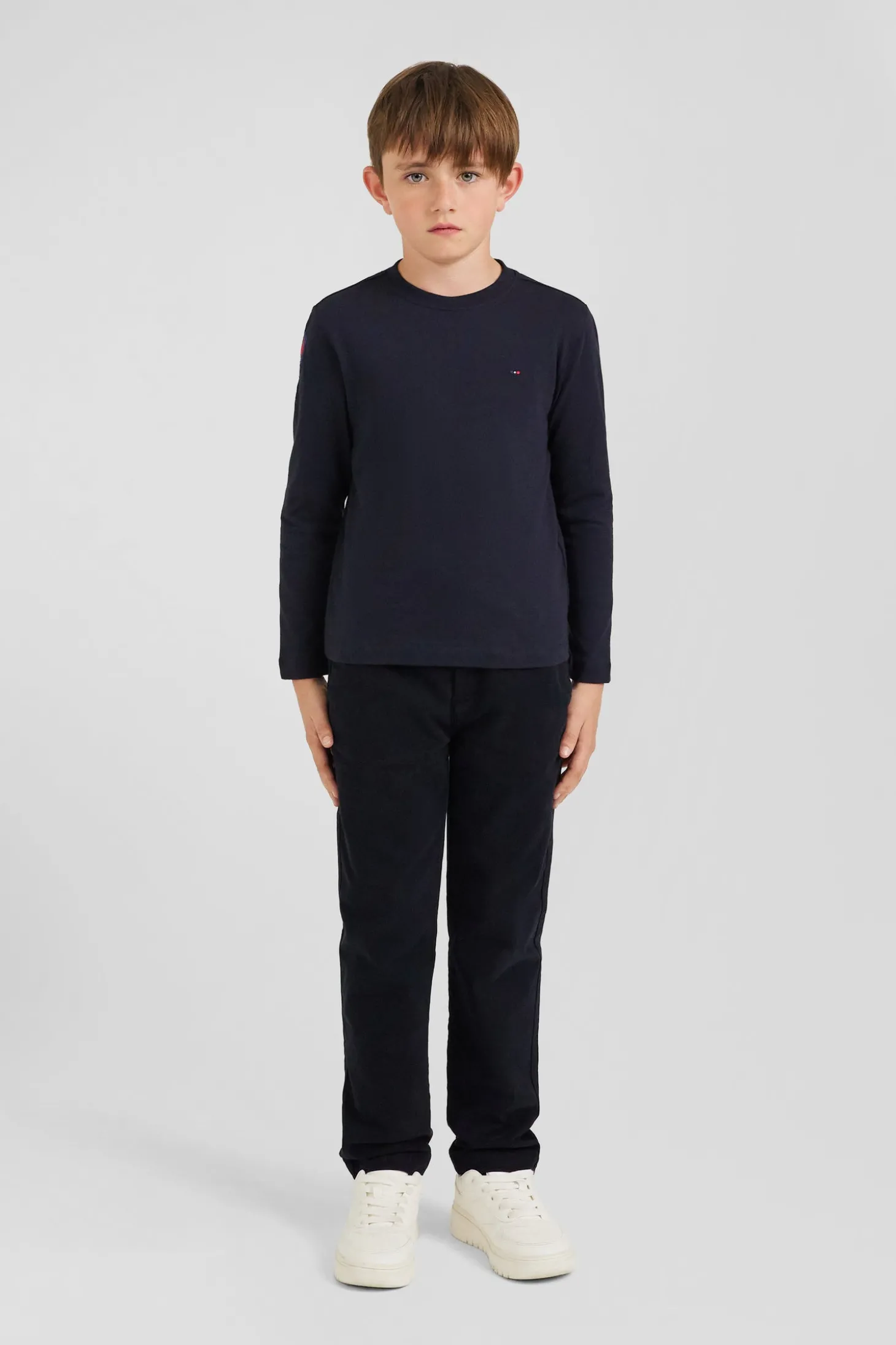 Regular navy blue long-sleeved cotton T-shirt with XV de France embroidery