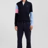 Regular navy blue long-sleeved cotton rugby shirt with tie fabric patchwork