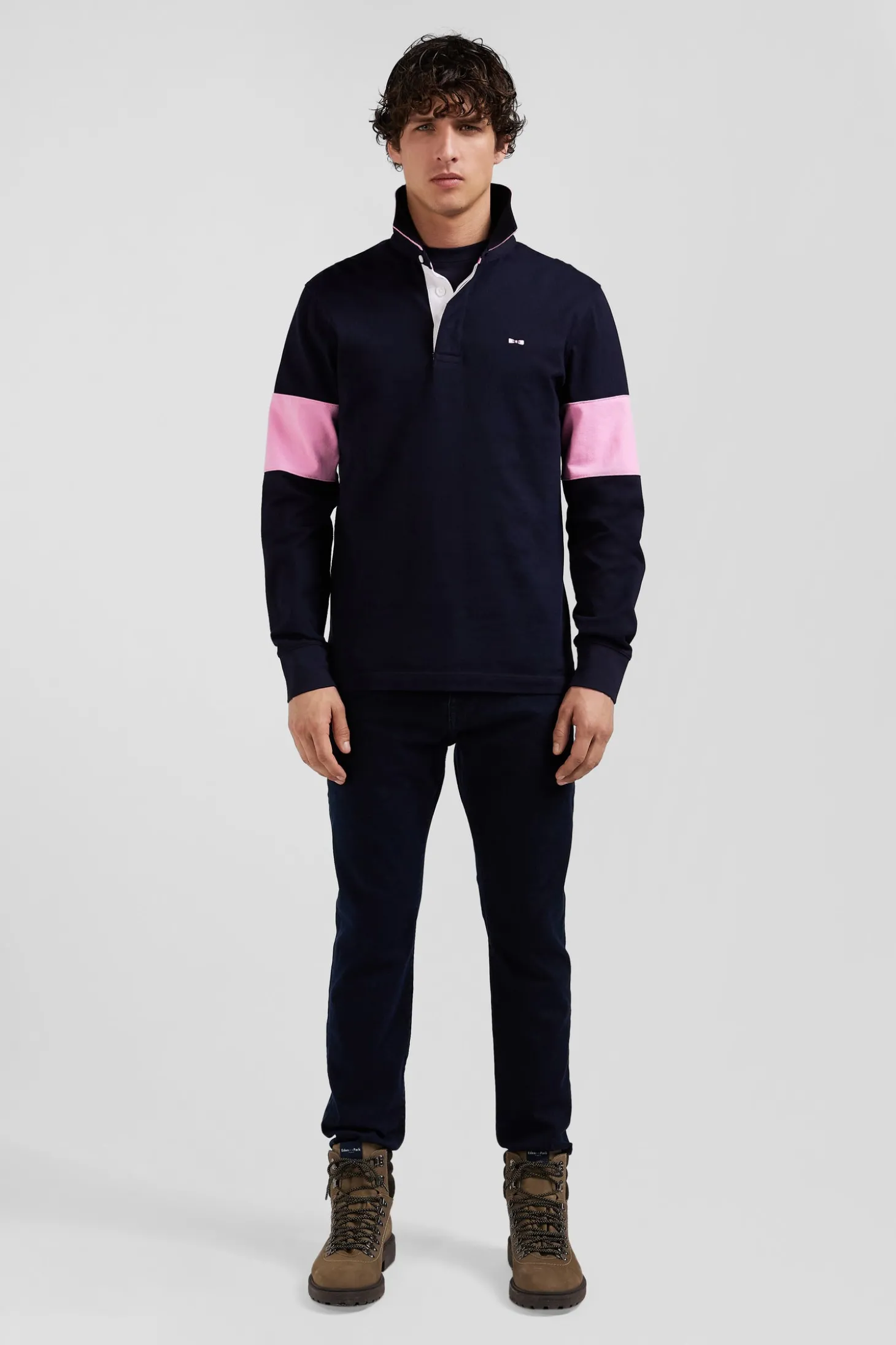 Regular navy blue long-sleeved cotton rugby shirt with bow tie embroidery