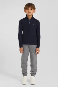 Regular navy blue long-sleeved cotton piqué polo shirt