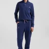 Regular navy blue long-sleeved cotton piqué polo shirt with pink details
