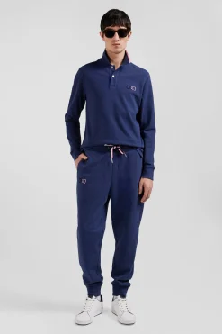 Regular navy blue long-sleeved cotton piqué polo shirt with pink details