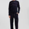 Regular navy blue long-sleeved cotton piqué polo shirt with pink piping