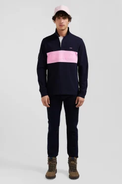 Regular navy blue long-sleeved cotton piqué polo shirt with padded embroidery