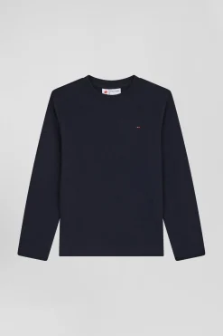 Regular navy blue long-sleeved cotton T-shirt with XV de France embroidery