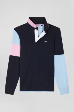 Regular navy blue long-sleeved cotton rugby shirt with tie fabric patchwork