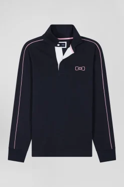 Regular navy blue long-sleeved cotton rugby shirt with pink piping