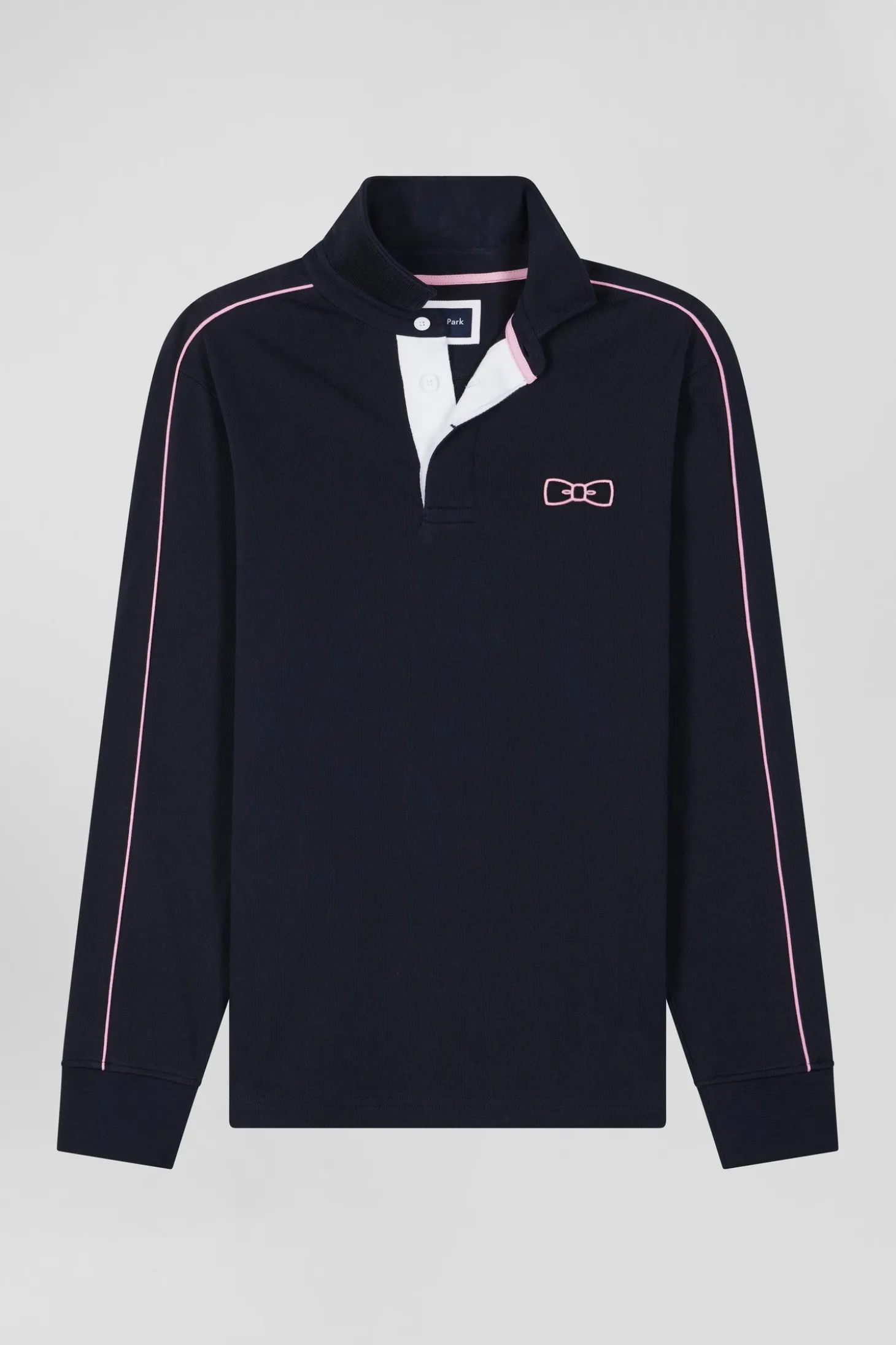 Regular navy blue long-sleeved cotton rugby shirt with pink piping
