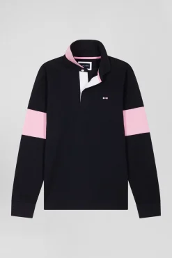 Regular navy blue long-sleeved cotton rugby shirt with bow tie embroidery