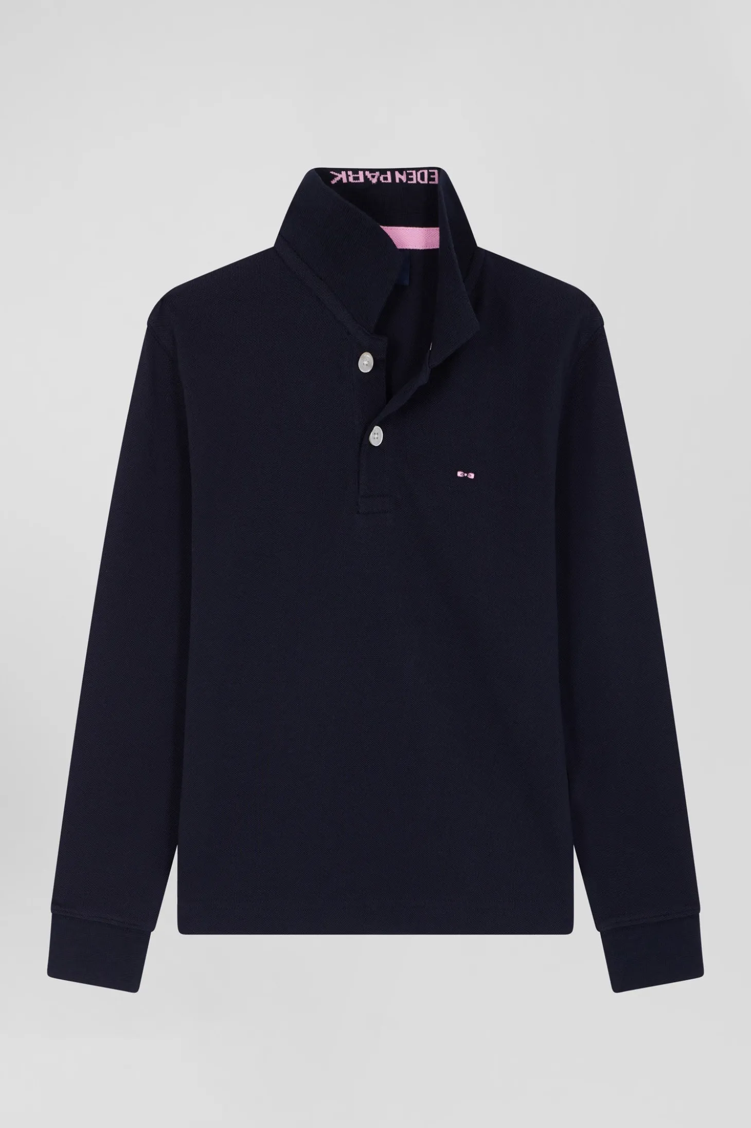 Regular navy blue long-sleeved cotton piqué polo shirt