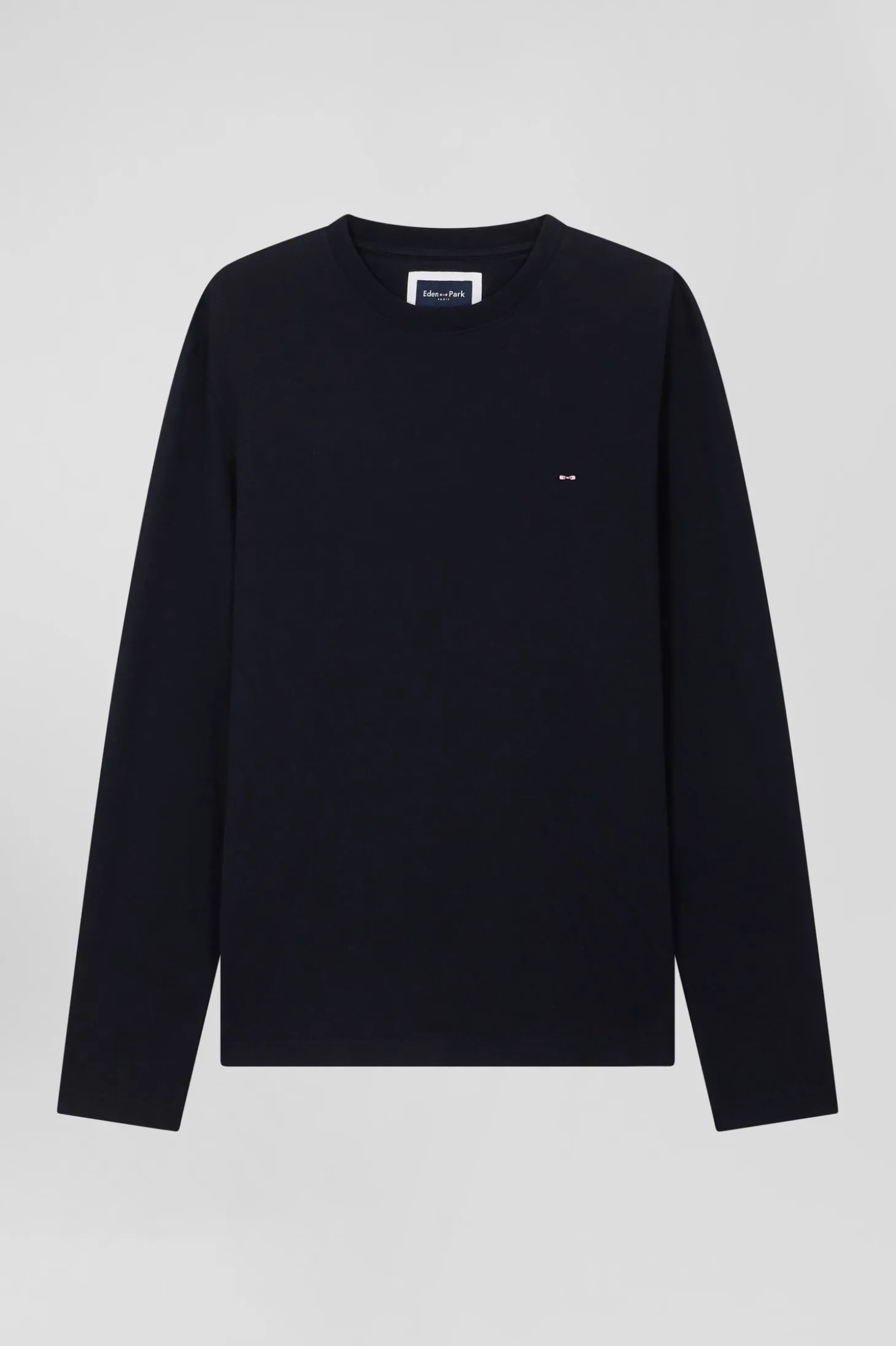 Regular navy blue long-sleeved cotton T-shirt with floral back patch