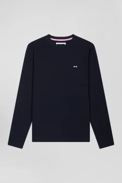 Regular navy blue long-sleeved cotton T-shirt with back embroidery