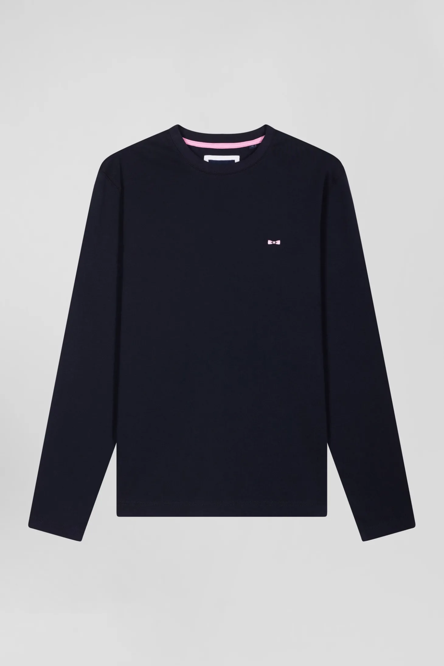 Regular navy blue long-sleeved cotton T-shirt with back embroidery