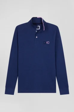Regular navy blue long-sleeved cotton piqué polo shirt with pink details