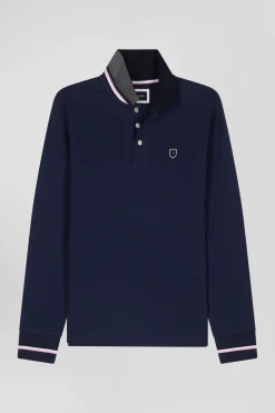 Regular navy blue long-sleeved cotton piqué polo shirt with rubber badge