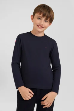 Regular navy blue long-sleeved cotton T-shirt with XV de France embroidery