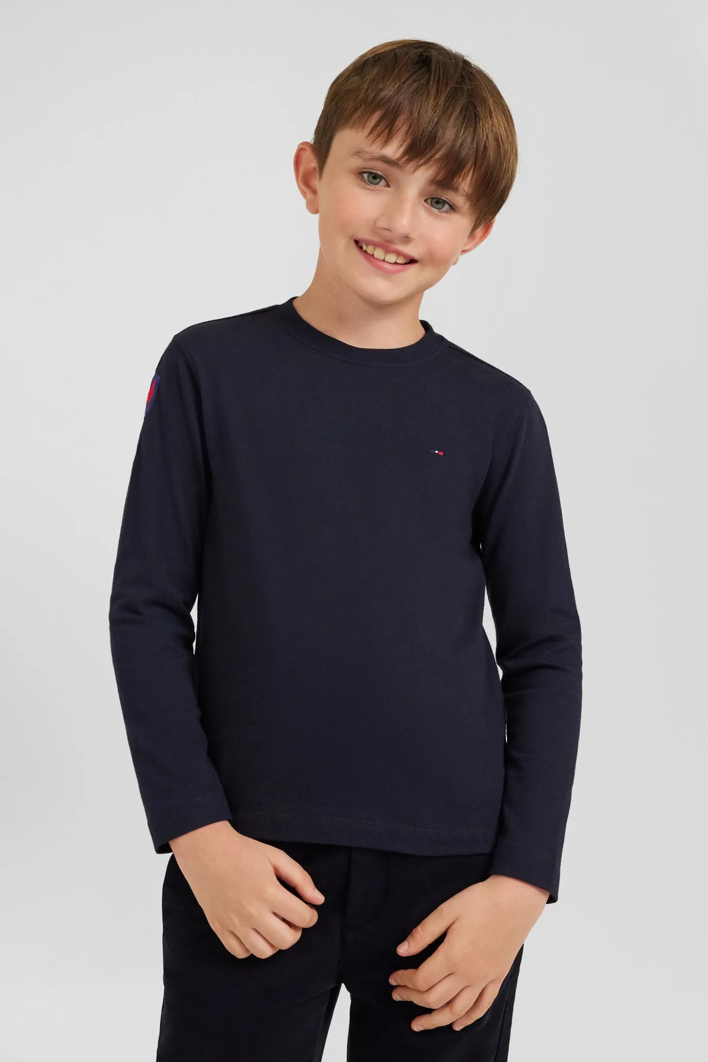 Regular navy blue long-sleeved cotton T-shirt with XV de France embroidery
