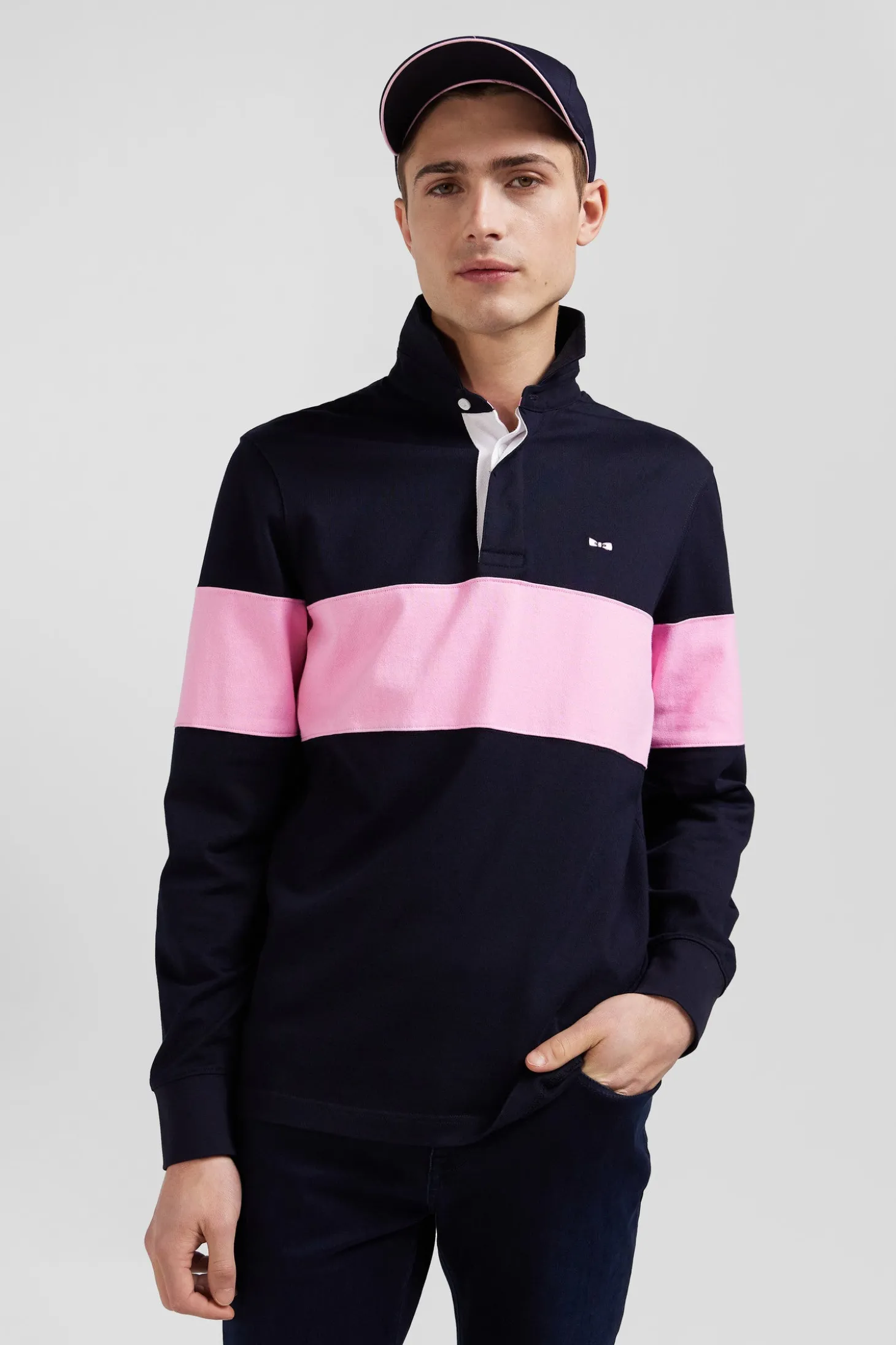 Regular navy blue long-sleeved cotton rugby shirt with N°10 embroidery