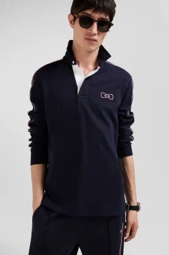 Regular navy blue long-sleeved cotton rugby shirt with pink piping