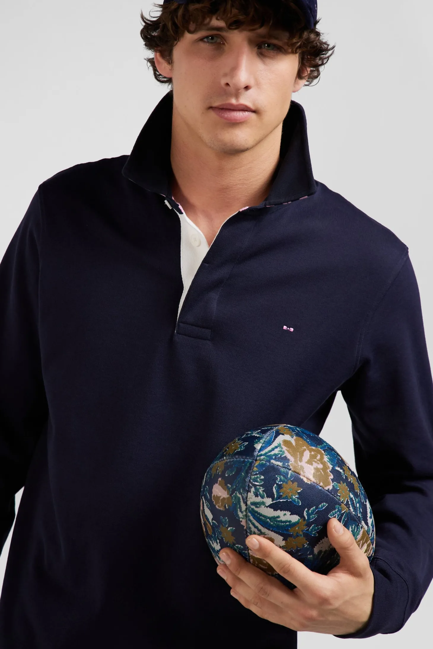 Regular navy blue long-sleeved Pima cotton rugby shirt