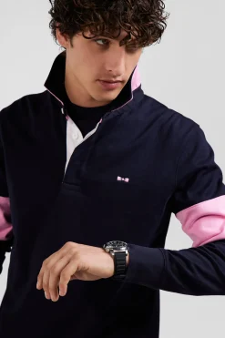 Regular navy blue long-sleeved cotton rugby shirt with bow tie embroidery