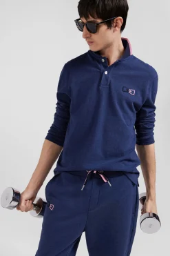 Regular navy blue long-sleeved cotton piqué polo shirt with pink details