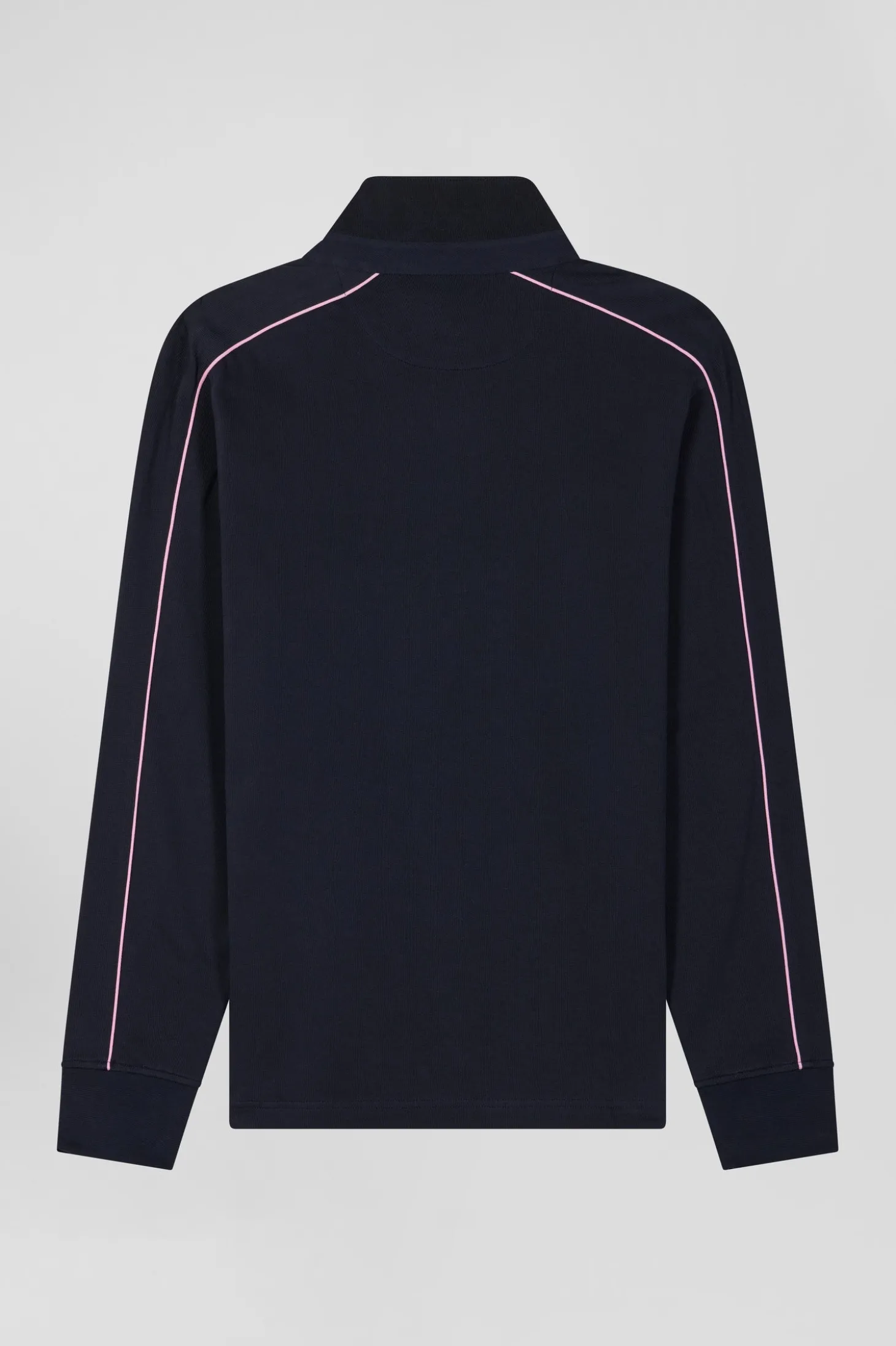 Regular navy blue long-sleeved cotton rugby shirt with pink piping