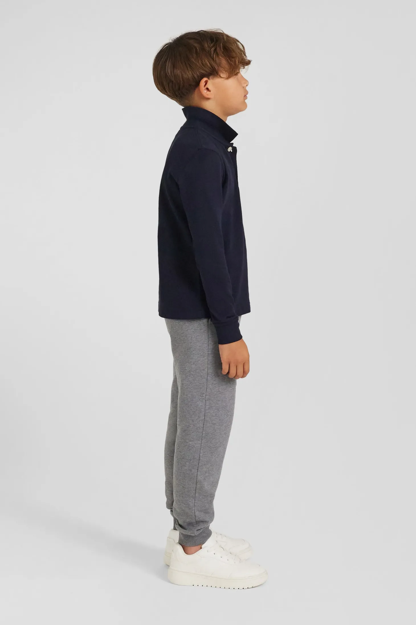Regular navy blue long-sleeved cotton piqué polo shirt