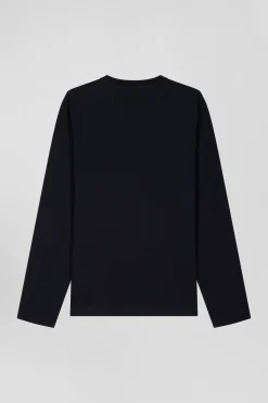 Regular navy blue long-sleeved cotton T-shirt with printed back patch