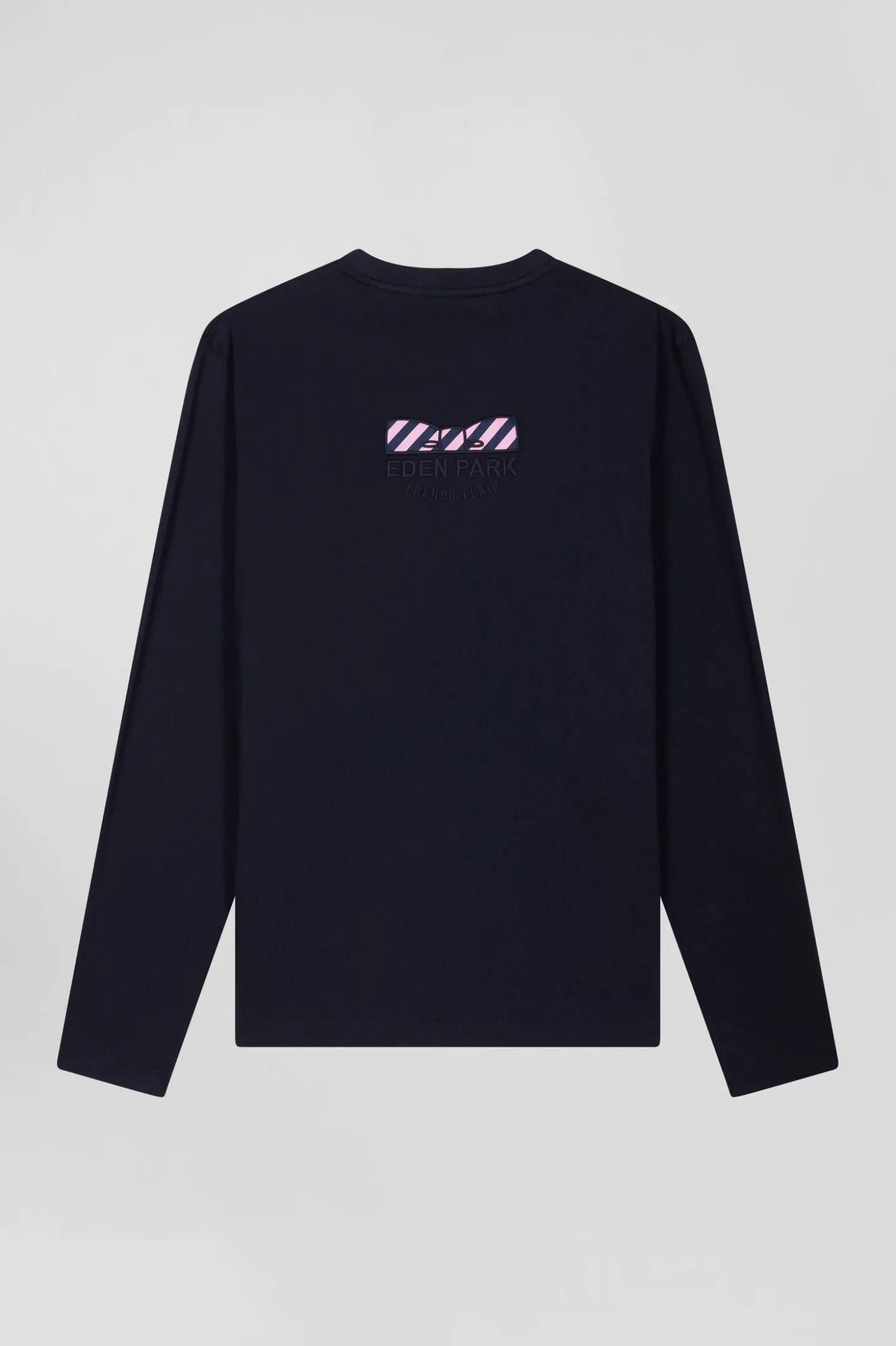 Regular navy blue long-sleeved cotton T-shirt with back embroidery