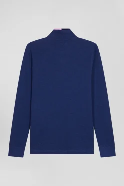 Regular navy blue long-sleeved cotton piqué polo shirt with pink details
