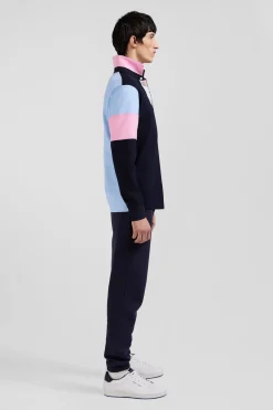 Regular navy blue long-sleeved cotton rugby shirt with tie fabric patchwork