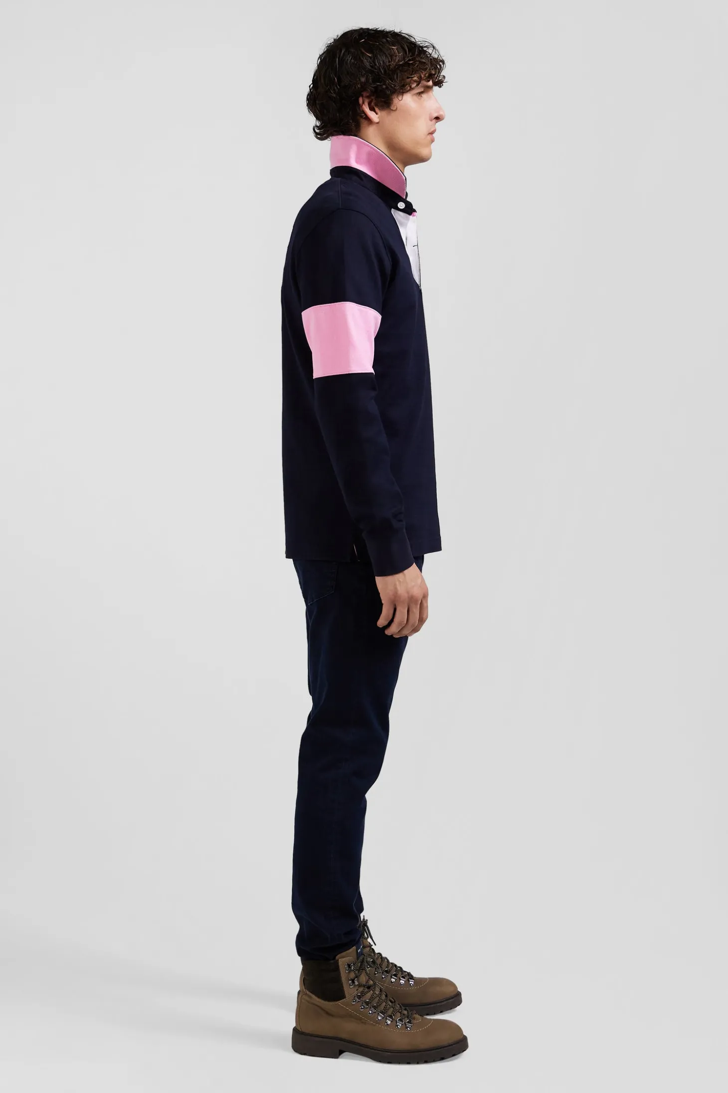 Regular navy blue long-sleeved cotton rugby shirt with bow tie embroidery