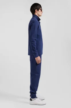 Regular navy blue long-sleeved cotton piqué polo shirt with pink details