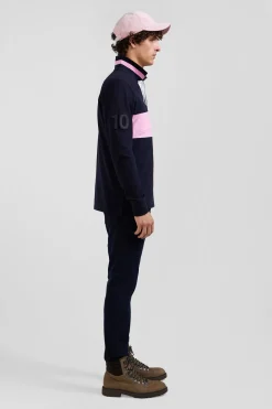 Regular navy blue long-sleeved cotton piqué polo shirt with padded embroidery