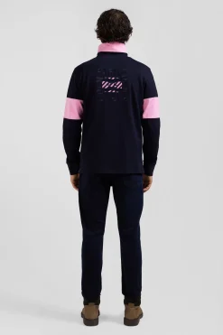 Regular navy blue long-sleeved cotton rugby shirt with bow tie embroidery