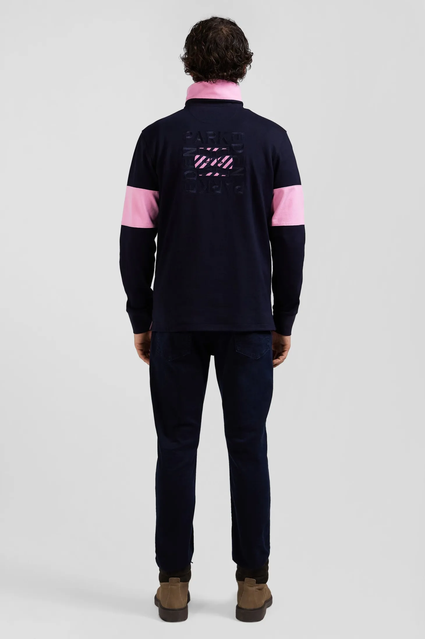 Regular navy blue long-sleeved cotton rugby shirt with bow tie embroidery