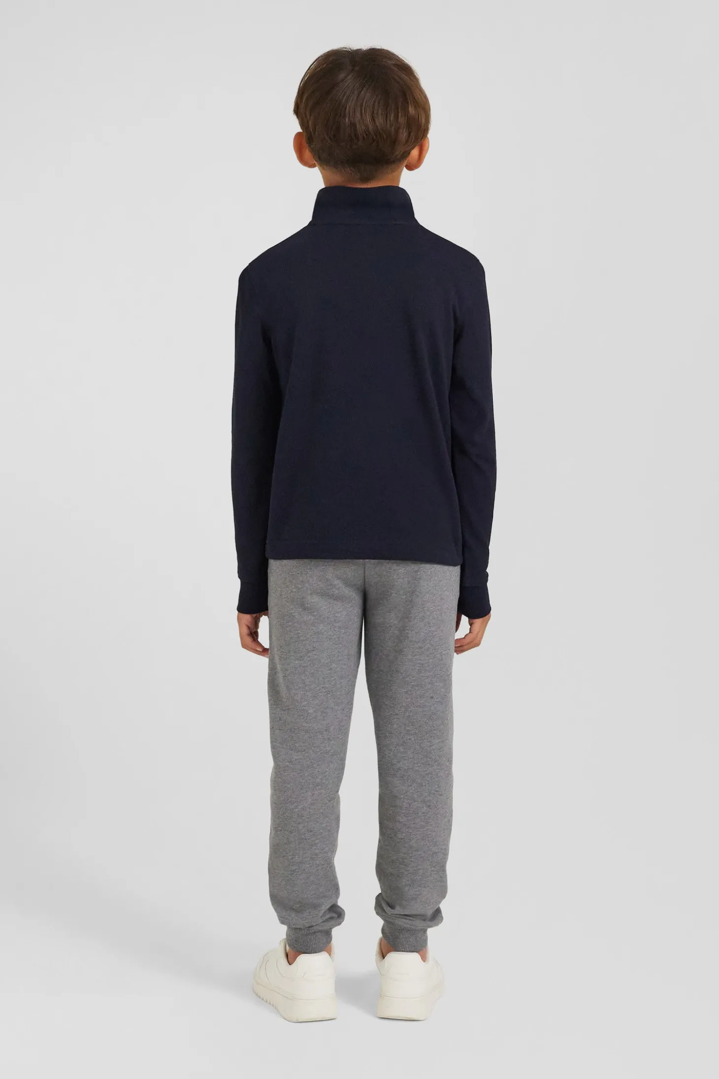 Regular navy blue long-sleeved cotton piqué polo shirt