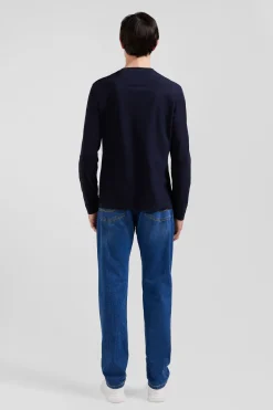Regular navy blue long-sleeved cotton T-shirt with printed back patch